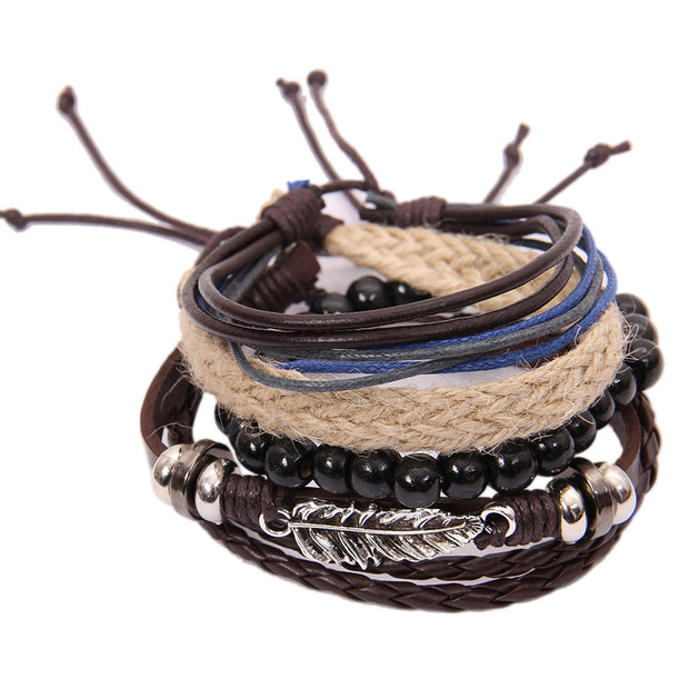 Multi Layer Leather Alloy Leaf Beads Bracelet Charms Rope Wristband freeshipping - Lonely Floater